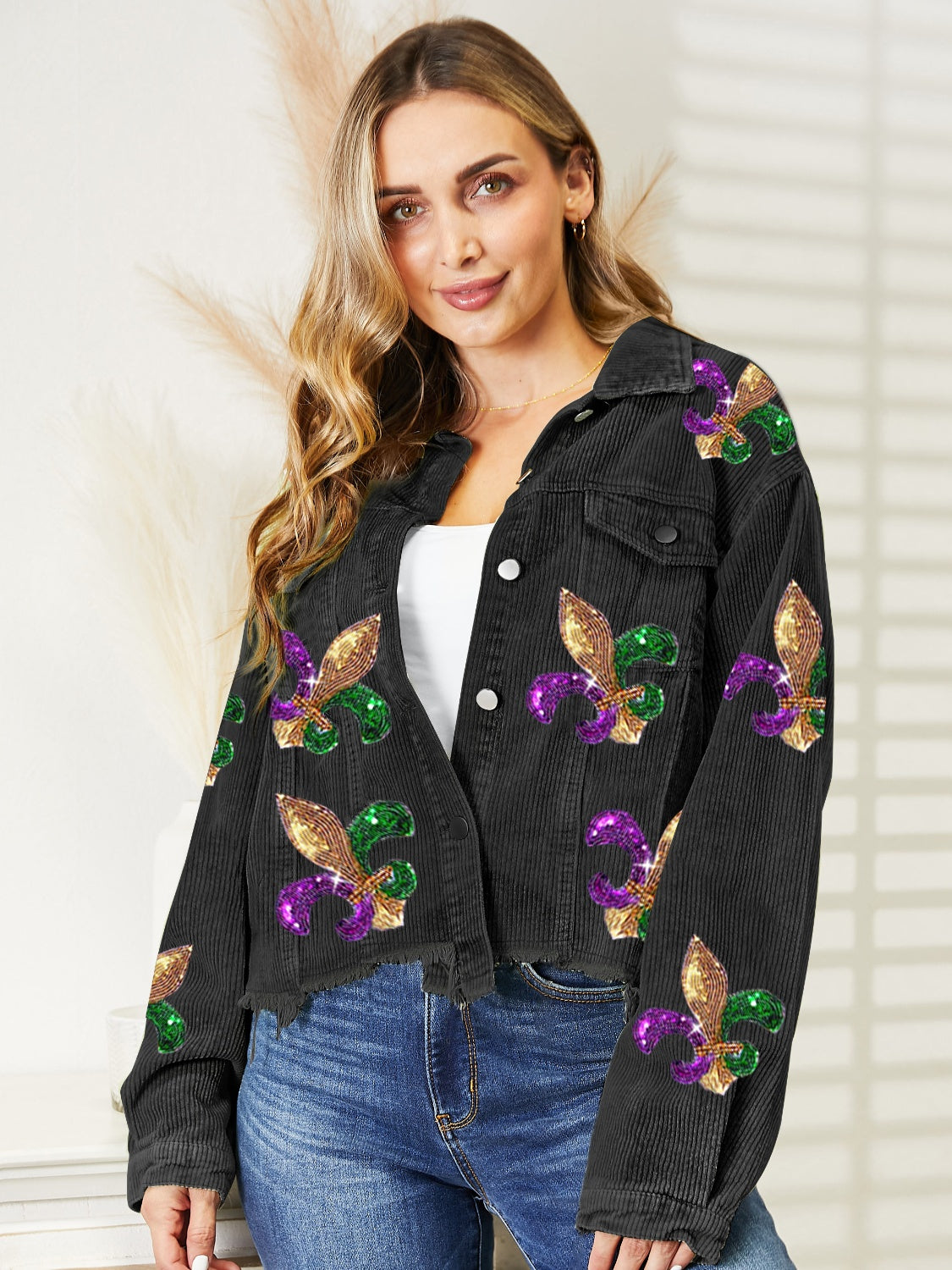 Sequin Raw Hem Jacket | Casual Jacket With Collar Neck Button Closure & Pockets