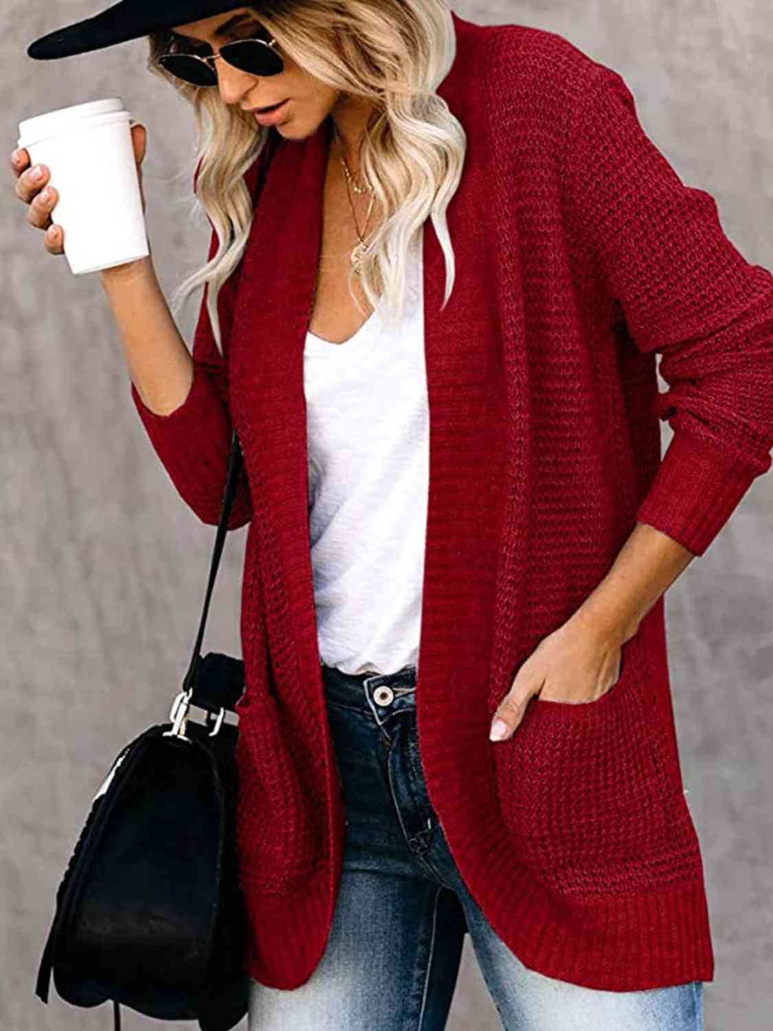 Open Front Long Sleeve Cardigan | Casual Polyester Cardigan With Side Pockets