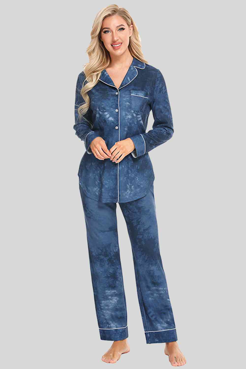 Collared Neck Long Sleeve Loungewear Set with Pockets | Stretchy Nylon Set