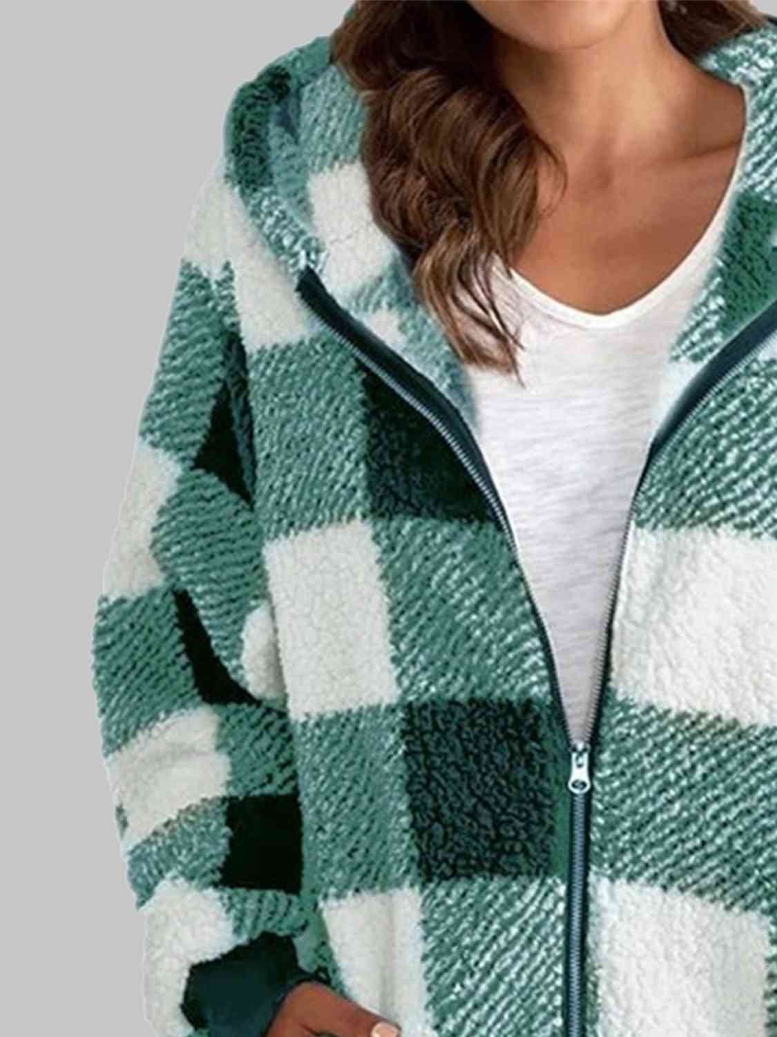 Plaid Zip-Up Hooded Jacket with Pockets | Warm Cozy Fuzzy Sherpa Jacket Shirt