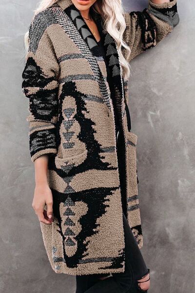 Geometric Open Front Pocketed Cardigan | Acrylic Cardigan With Single Button