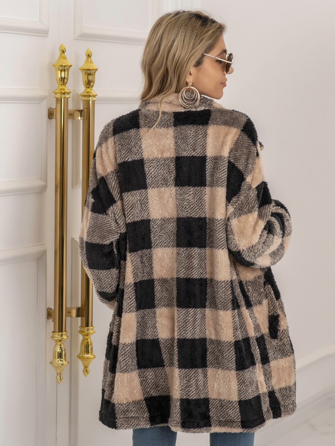 Plaid Collared Neck Longline Coat | Coat With Clasp Closure & Long Sleeves