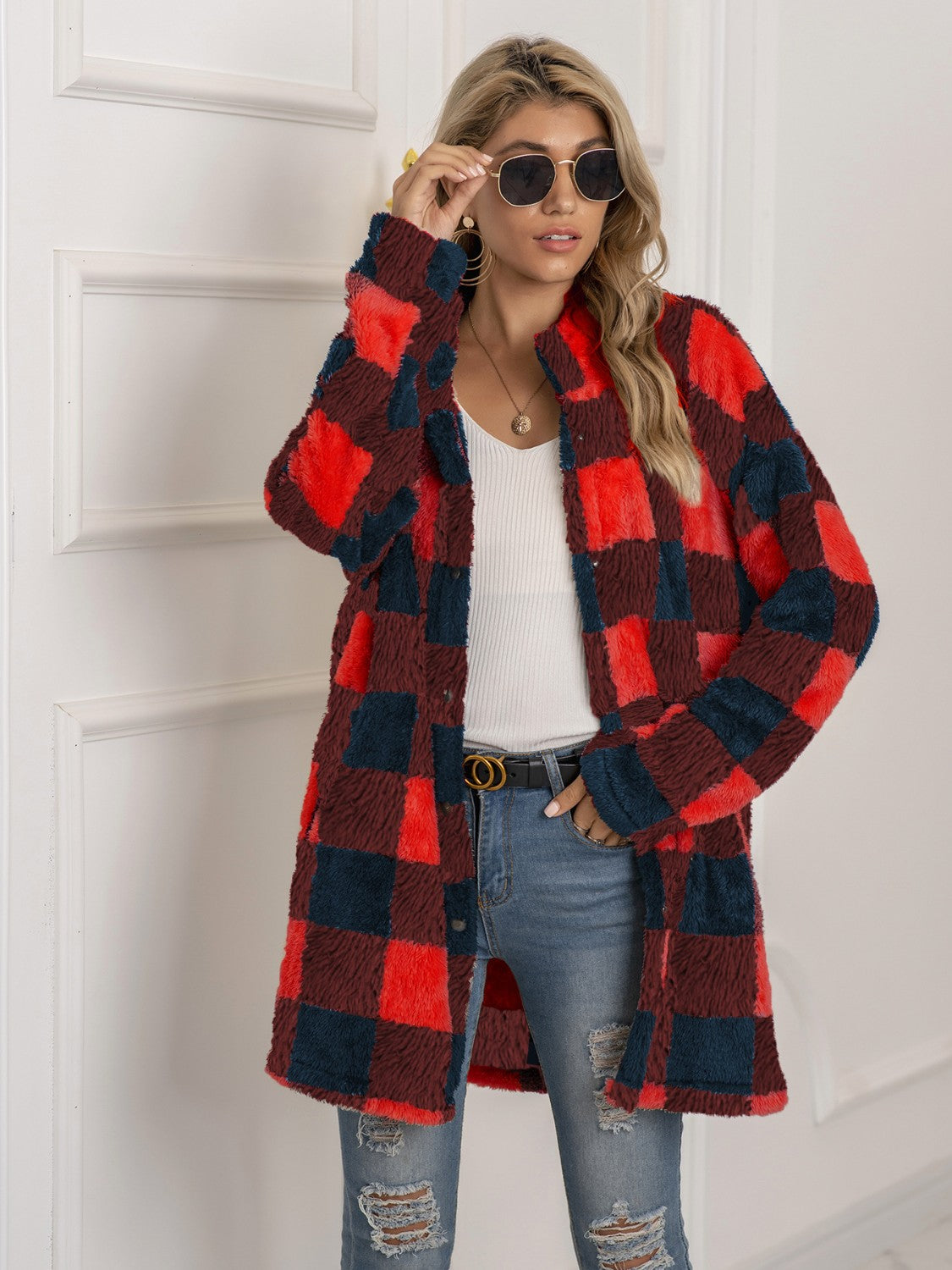 Plaid Collared Neck Longline Coat | Coat With Clasp Closure & Long Sleeves