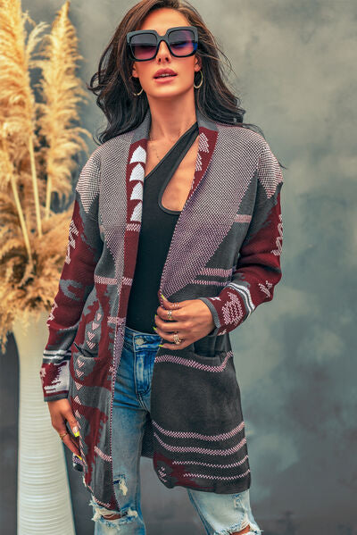 Geometric Open Front Pocketed Cardigan | Acrylic Cardigan With Single Button