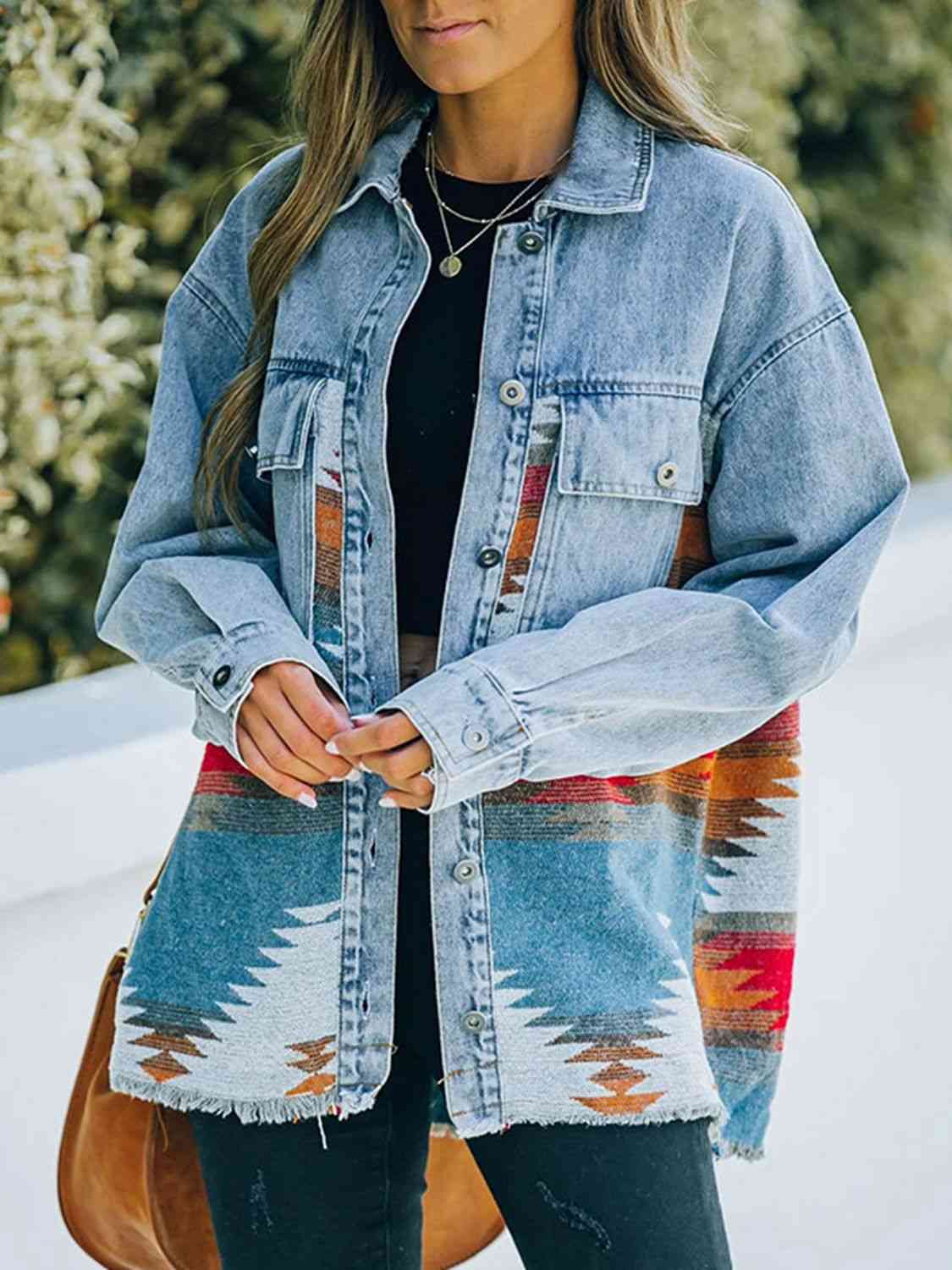 Collared Neck Dropped Shoulder Denim Jacket | Buttoned Jacket With Pockets