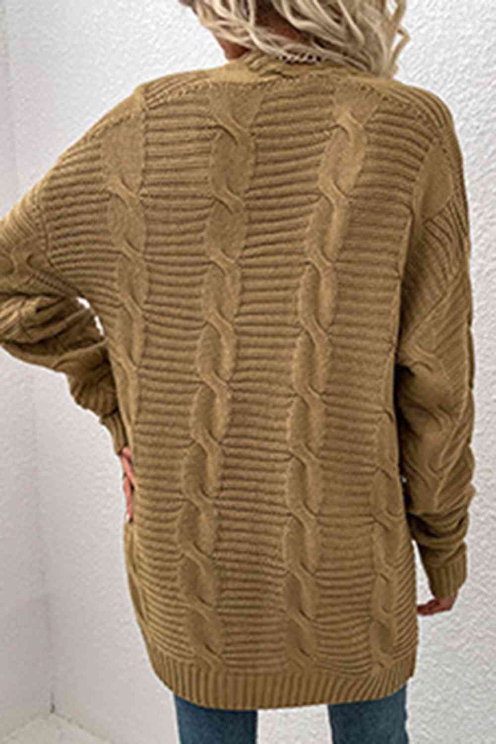 Cable-Knit Open Front Cardigan with Pockets | Casual Ribbed Polyester Cardigan