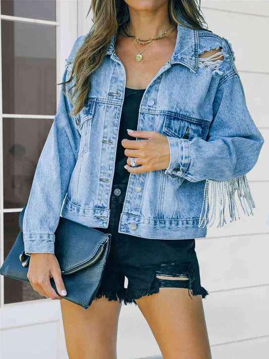 Distressed Fringe Denim Jacket | Casual Jacket With Collar Neck & Button Closure