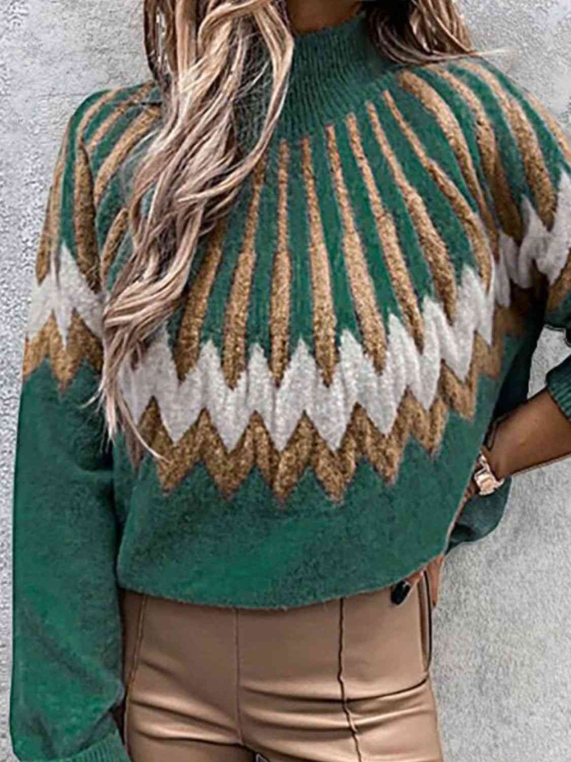 Mock Neck Long Sleeve Sweater | Patterned Sweater With Ribbed Cuffs And Neckline