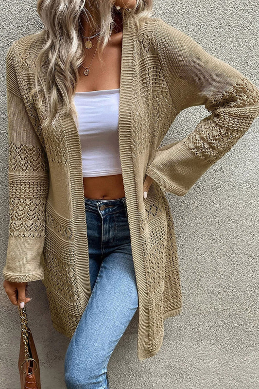Open Front Longline Cardigan | Solid Stretchy Acrylic Cardigan With Long Sleeves