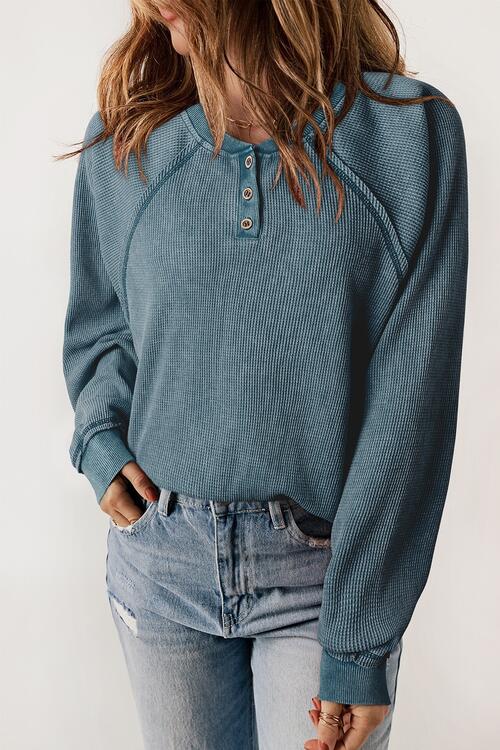 Waffle Knit Raglan Sleeve Henley Sweatshirt | Polyester Sweatshirt With Buttons