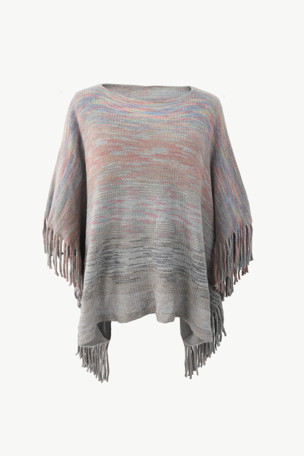 Round Neck Fringe Detail Poncho | Casual Woman's Knitted Stretch Acrylic Poncho