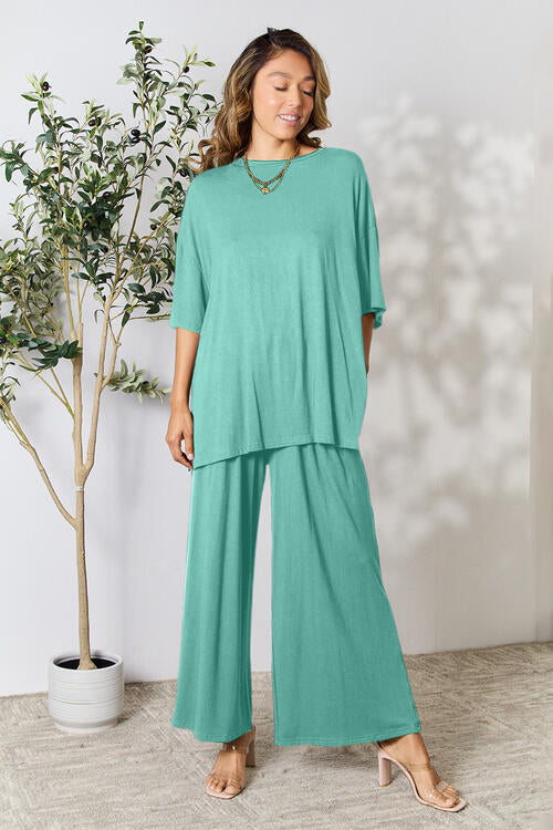 Double Take Full Size Round Neck Slit Top and Pants Set | Solid Stretchy Set