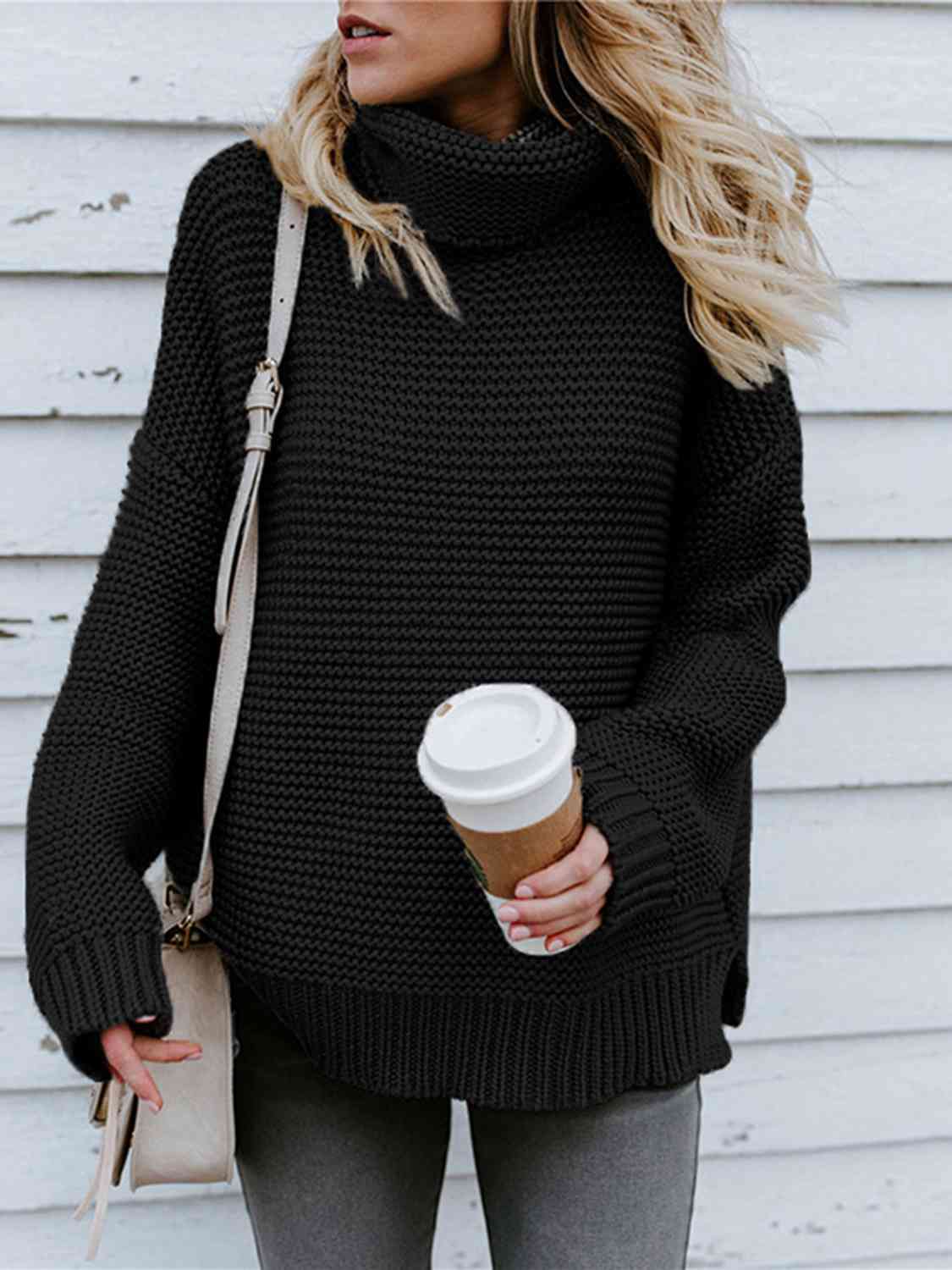 Turtleneck Dropped Shoulder Slit Sweater | Fashionable Knitted Acrylic Sweater