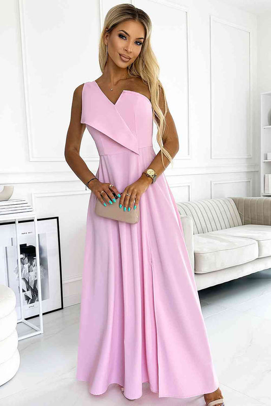 One-Shoulder Sleeveless Maxi Dress | Formal Solid Asymmetrical Polyester Gown