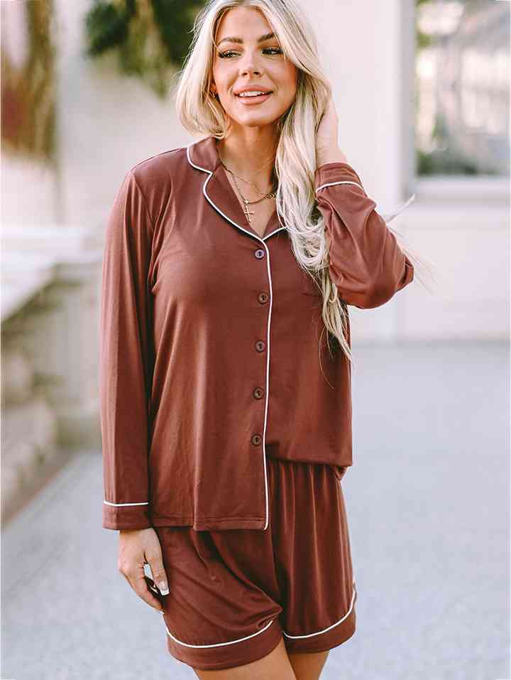 Lapel Collar Long Sleeve Buttoned Top and Shorts Lounge Set | Solid Pocketed Set