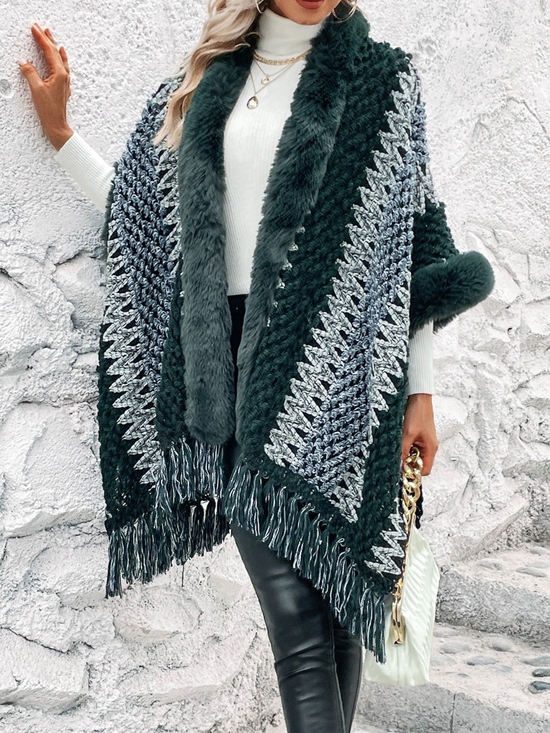 Striped Fringe Hem Poncho | Casual Acrylic Polyester Trendy Fur Poncho