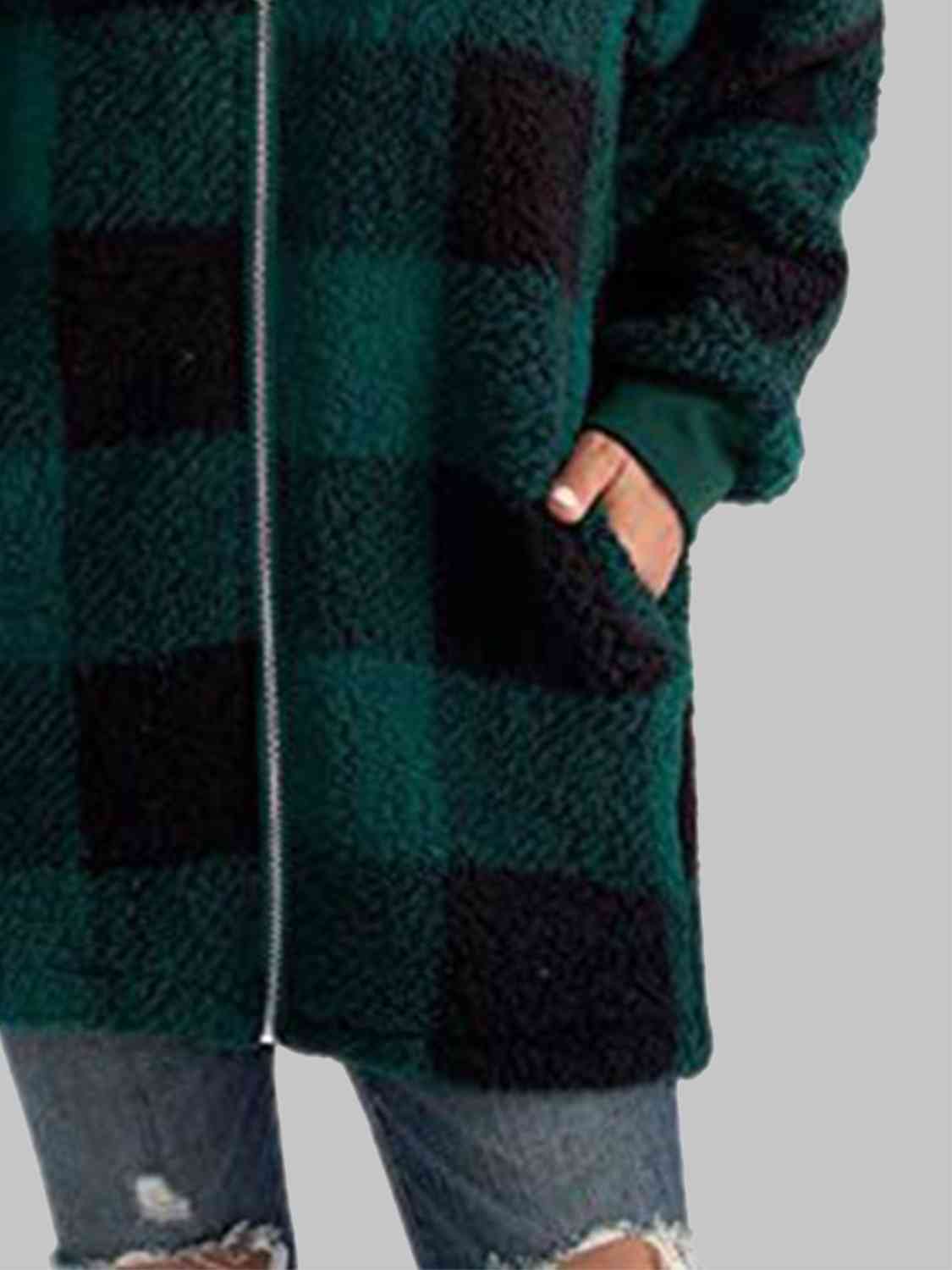 Plaid Zip-Up Hooded Jacket with Pockets | Warm Cozy Fuzzy Sherpa Jacket Shirt