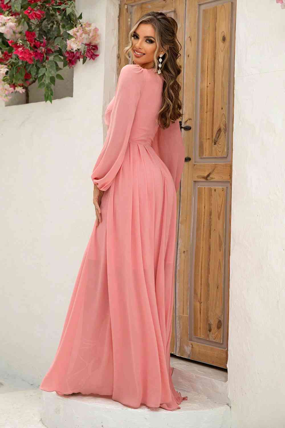 Twist Front Cutout Long Sleeve Dress | Formal Maxi Solid Polyester Dress