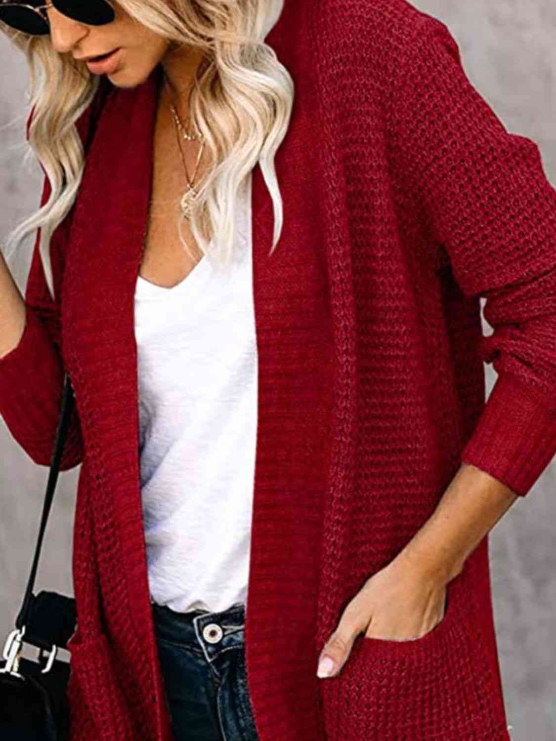 Open Front Long Sleeve Cardigan | Casual Polyester Cardigan With Side Pockets