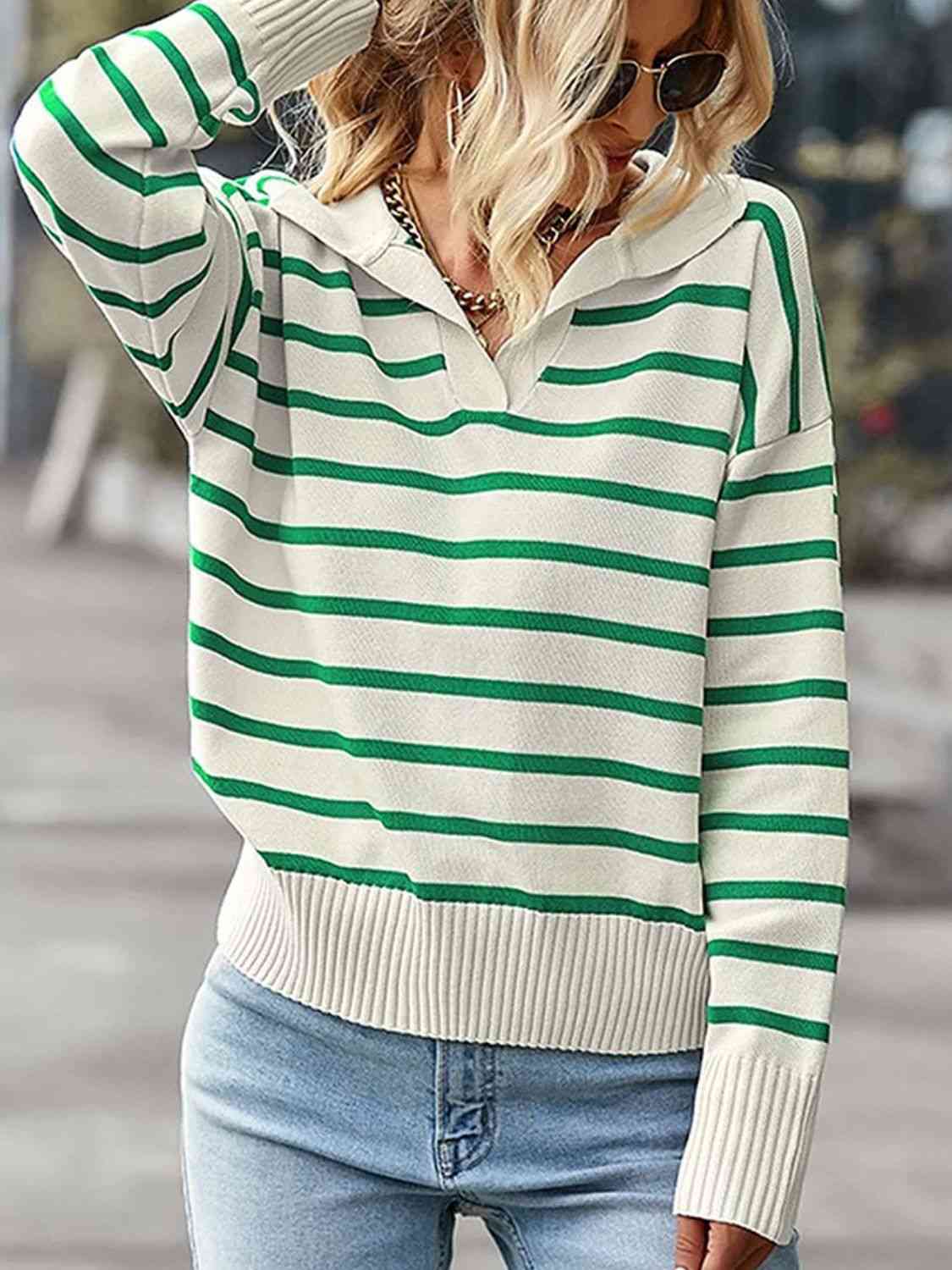 Striped Collared Neck Knit Top | Polyester Top With Ribbed Hem And Sleeves