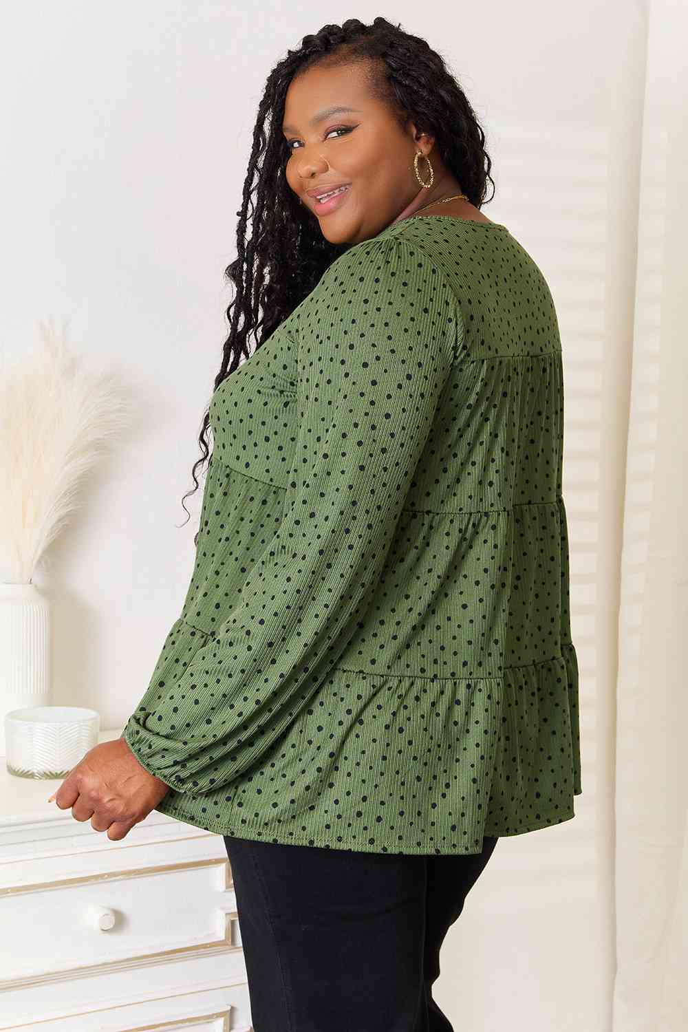 Heimish Full Size Long Puff Sleeve Polka Tiered Top | Stretchy Polyester Top