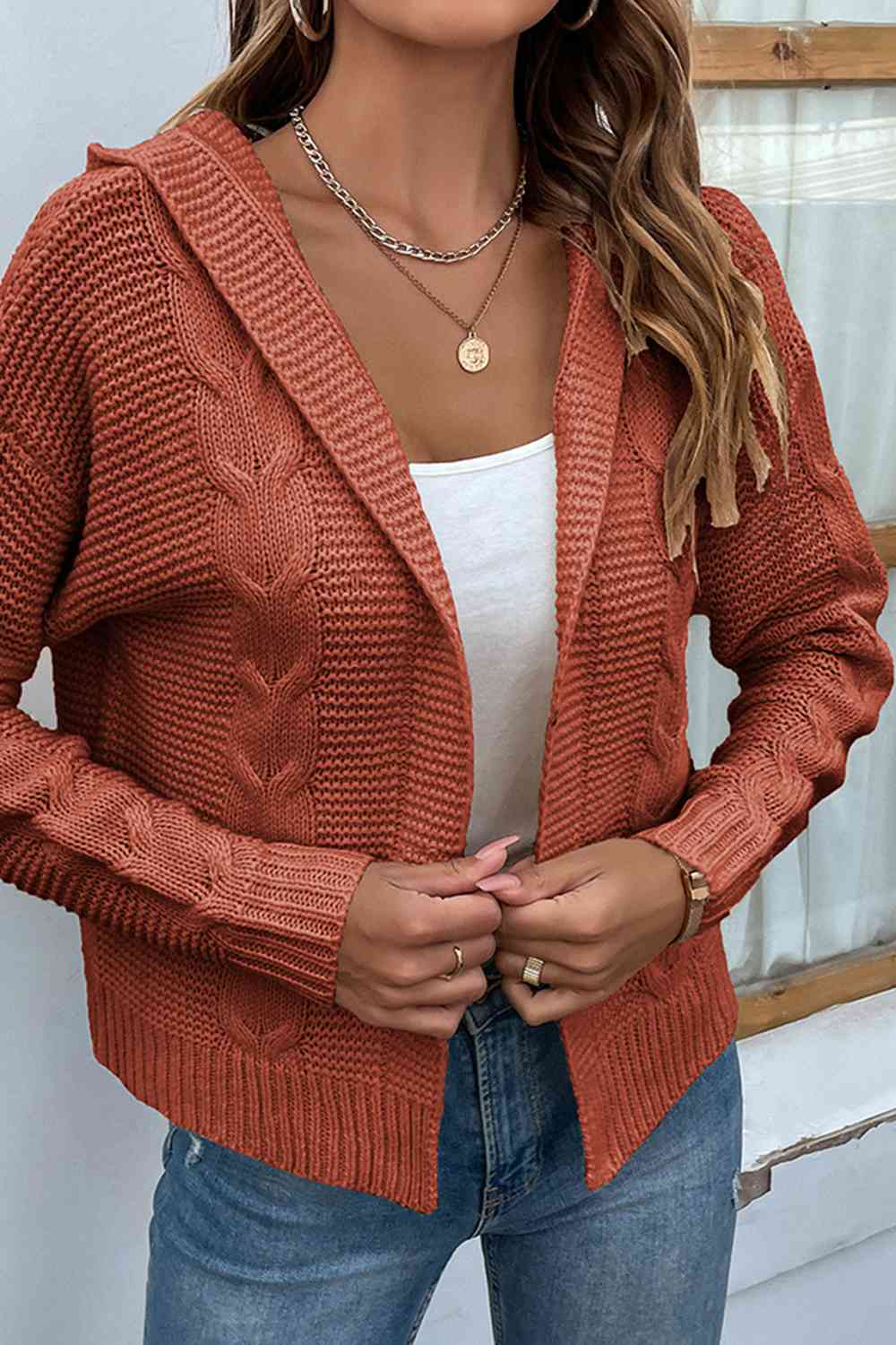 Cable-Knit Dropped Shoulder Hooded Cardigan | Casual Solid Ribbed Cardigan