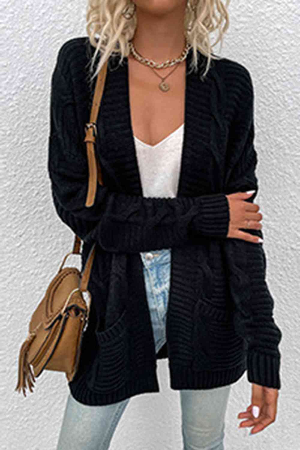 Cable-Knit Open Front Cardigan with Pockets | Casual Ribbed Polyester Cardigan