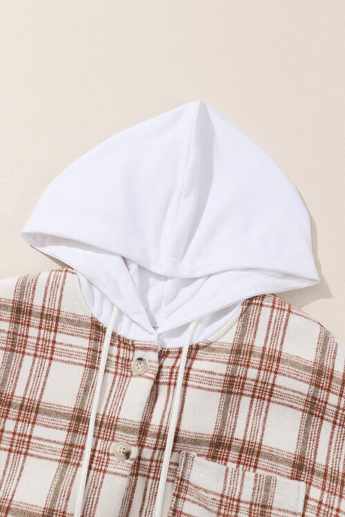 Plaid Drawstring Button Up Long Sleeve Hooded Jacket |Polyester Pocketed Jacket