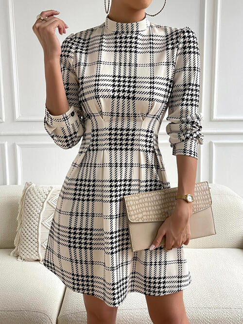 Houndstooth Mock Neck Cinched Mini Dress | Formal Ruched Mini Polyester Dress