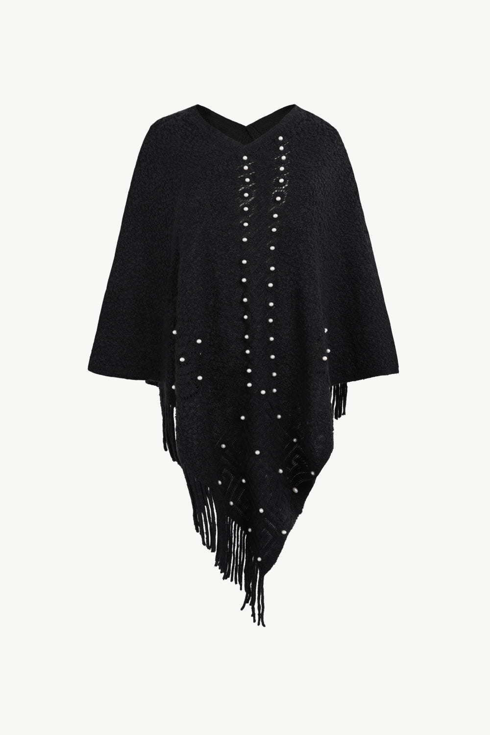 Pearl Trim Fringe Hem Poncho | Casual Solid Woman's Stretchy Acrylic Poncho