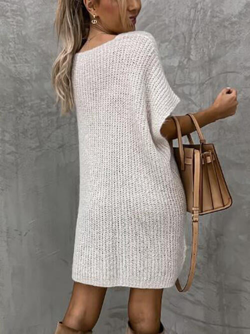 V-Neck Short Sleeve Sweater with Pockets | Casual Stretchy Polyester Sweater