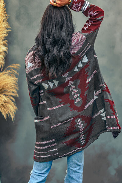 Geometric Open Front Pocketed Cardigan | Acrylic Cardigan With Single Button