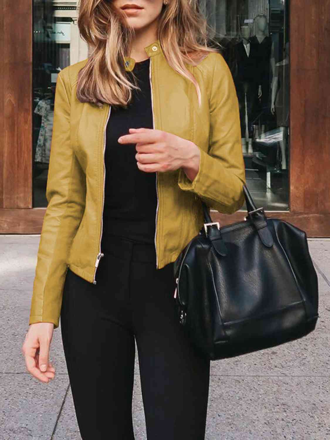 Mock Neck Zip Up Jacket | Casual Woman's Solid Polyester Spandex Jacket