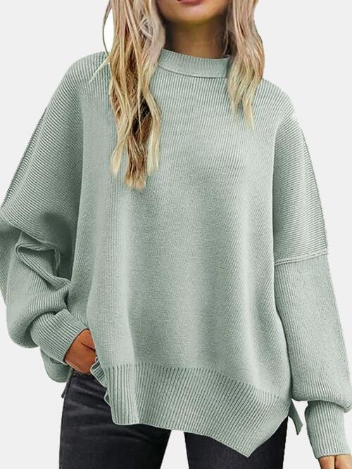 Round Neck Drop Shoulder Slit Sweater | Woman's Casual Stretchy Ribbed Sweater