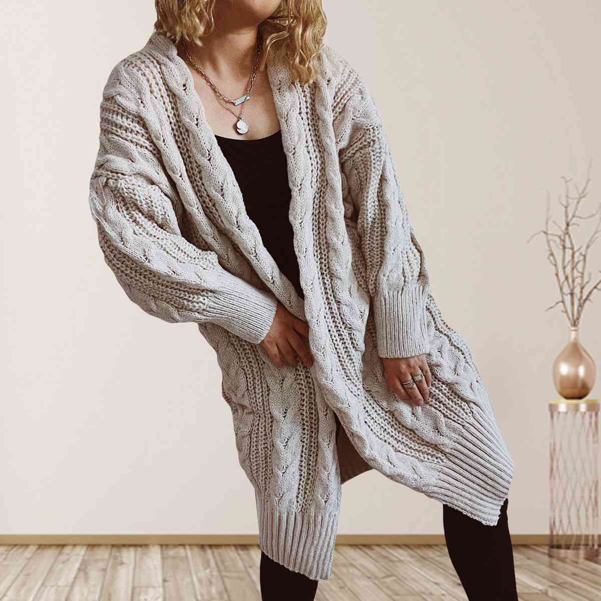 Cable-Knit Open Front Dropped Shoulder Cardigan | Warm Cardigan With Ribbed Hem