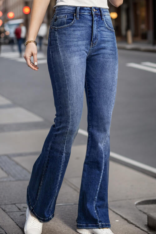 Plus Size High Waist Flare Jeans | Casual Pocketed Slightly Stretchy Jeans