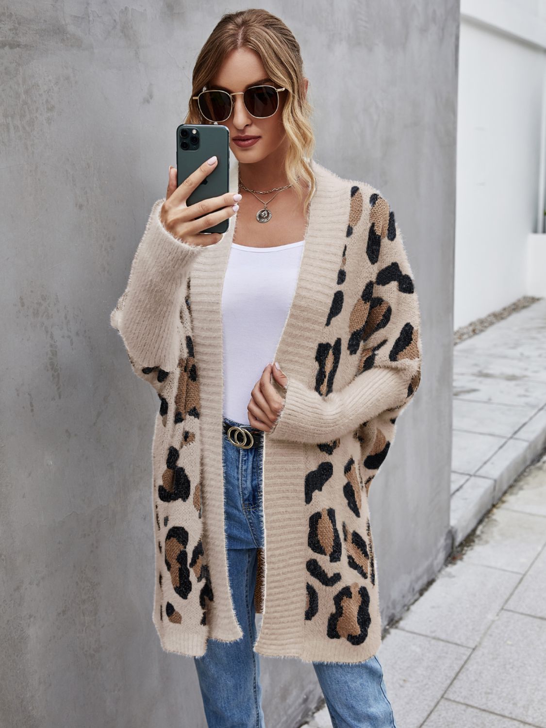 Leopard Pattern Fuzzy Cardigan | Ribbed Hem and Cuffs Leo Animal Print Cardigan