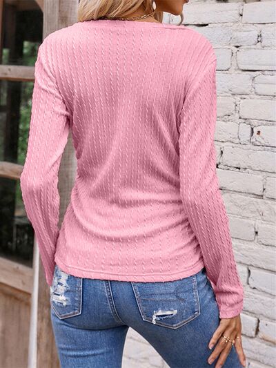 Textured Ruched V-Neck Long Sleeve T-Shirt | Casual Stretchy Polyester T-Shirt