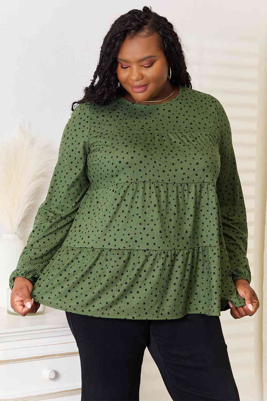 Heimish Full Size Long Puff Sleeve Polka Tiered Top | Stretchy Polyester Top