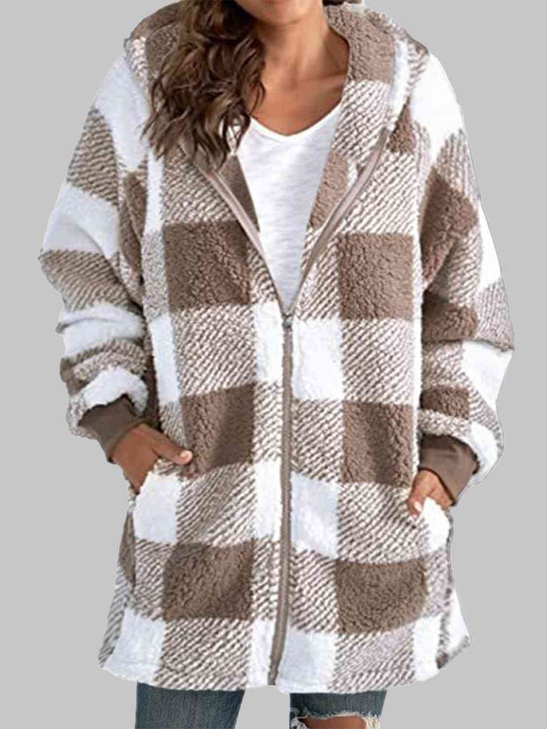 Plaid Zip-Up Hooded Jacket with Pockets | Warm Cozy Fuzzy Sherpa Jacket Shirt