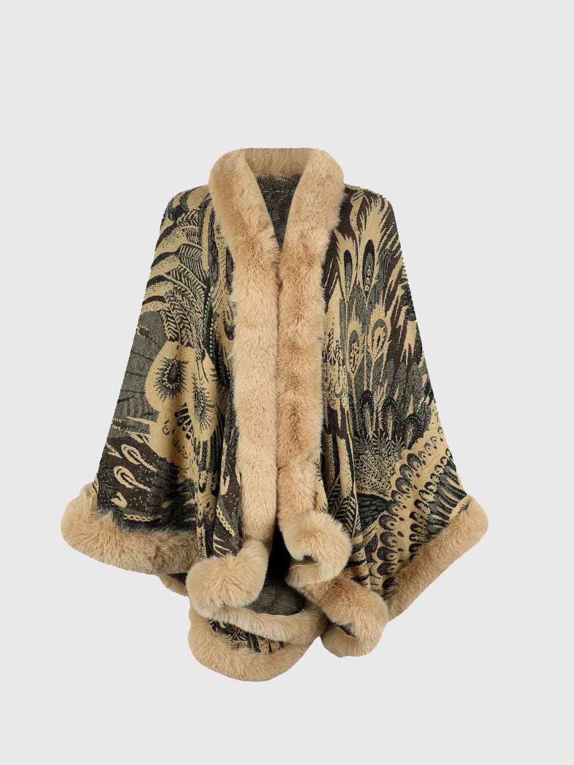 Printed Open Front Poncho | Casual Woman's Acrylic Poncho With Fur Detail