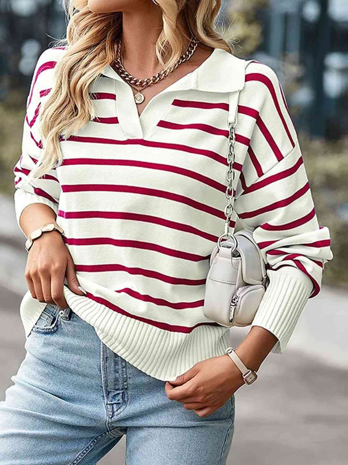 Striped Collared Neck Knit Top | Polyester Top With Ribbed Hem And Sleeves