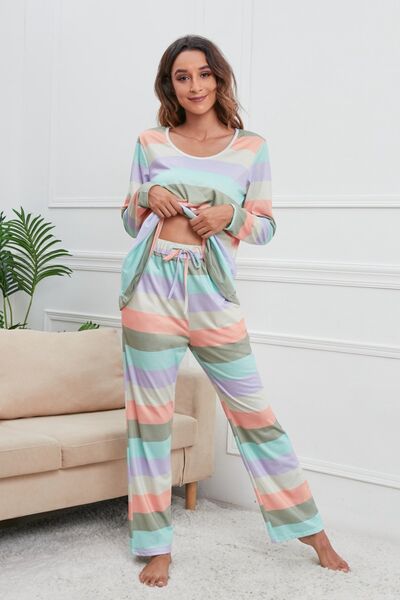 Striped Round Neck Long Sleeve Top and Drawstring Pants Lounge Set | Cotton Set