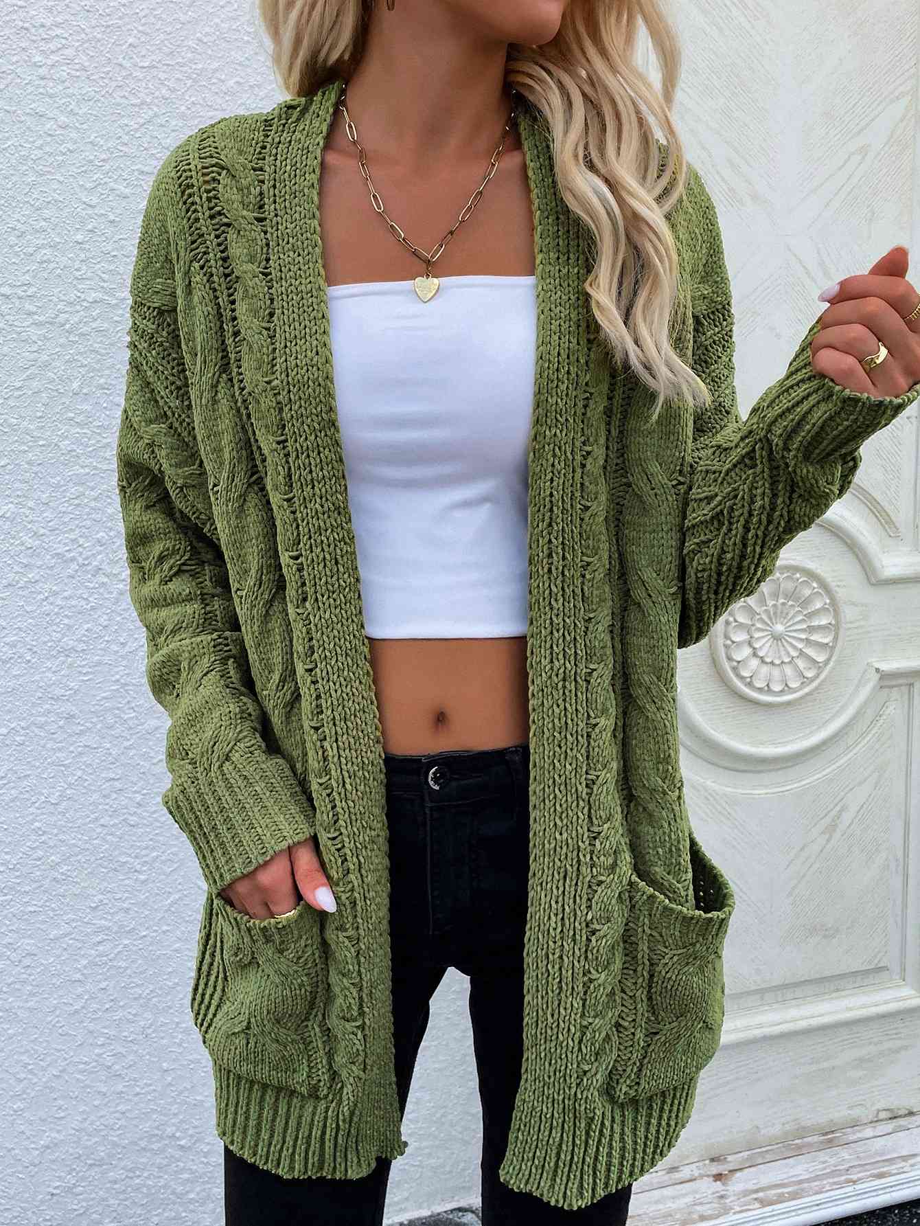 Woven Right Cable-Knit Open Front Cardigan with Front | Pockets Acrylic Cardigan