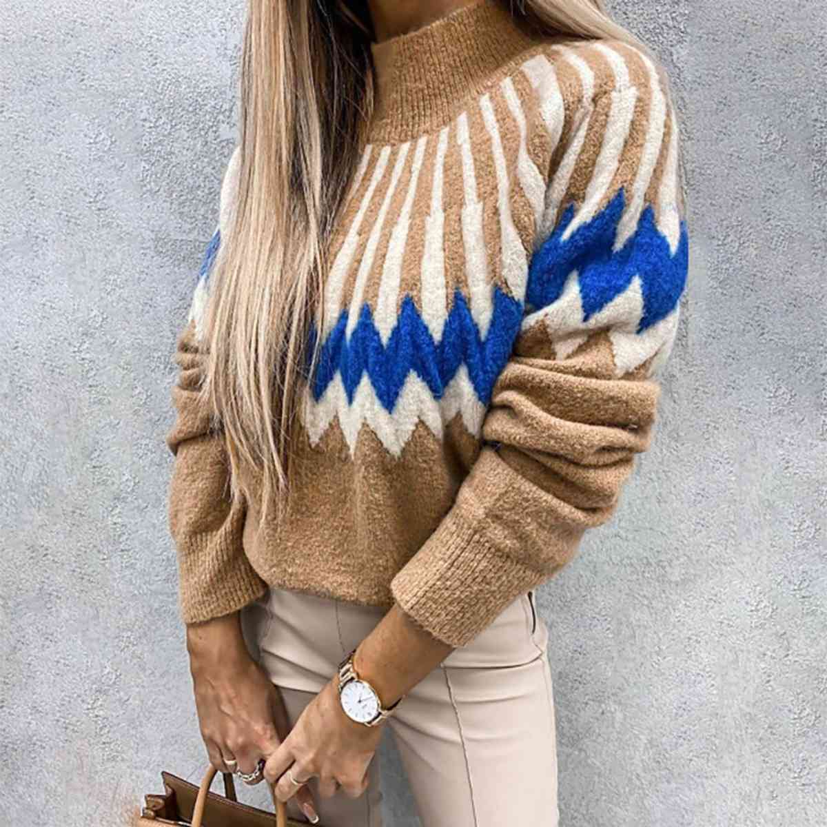 Mock Neck Long Sleeve Sweater | Patterned Sweater With Ribbed Cuffs And Neckline