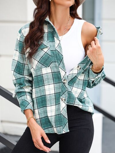 Plaid Collared Neck Button Up Jacket | Casual polyester Jacket With Long Sleeves