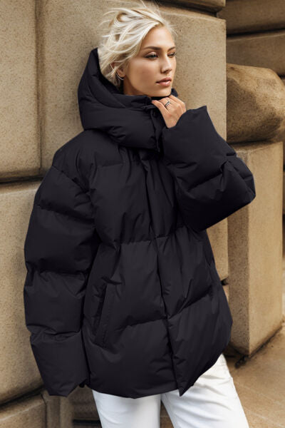 Pocketed Zip Up Hooded Puffer Jacket | Solid Polyester Jacket With Long Sleeves