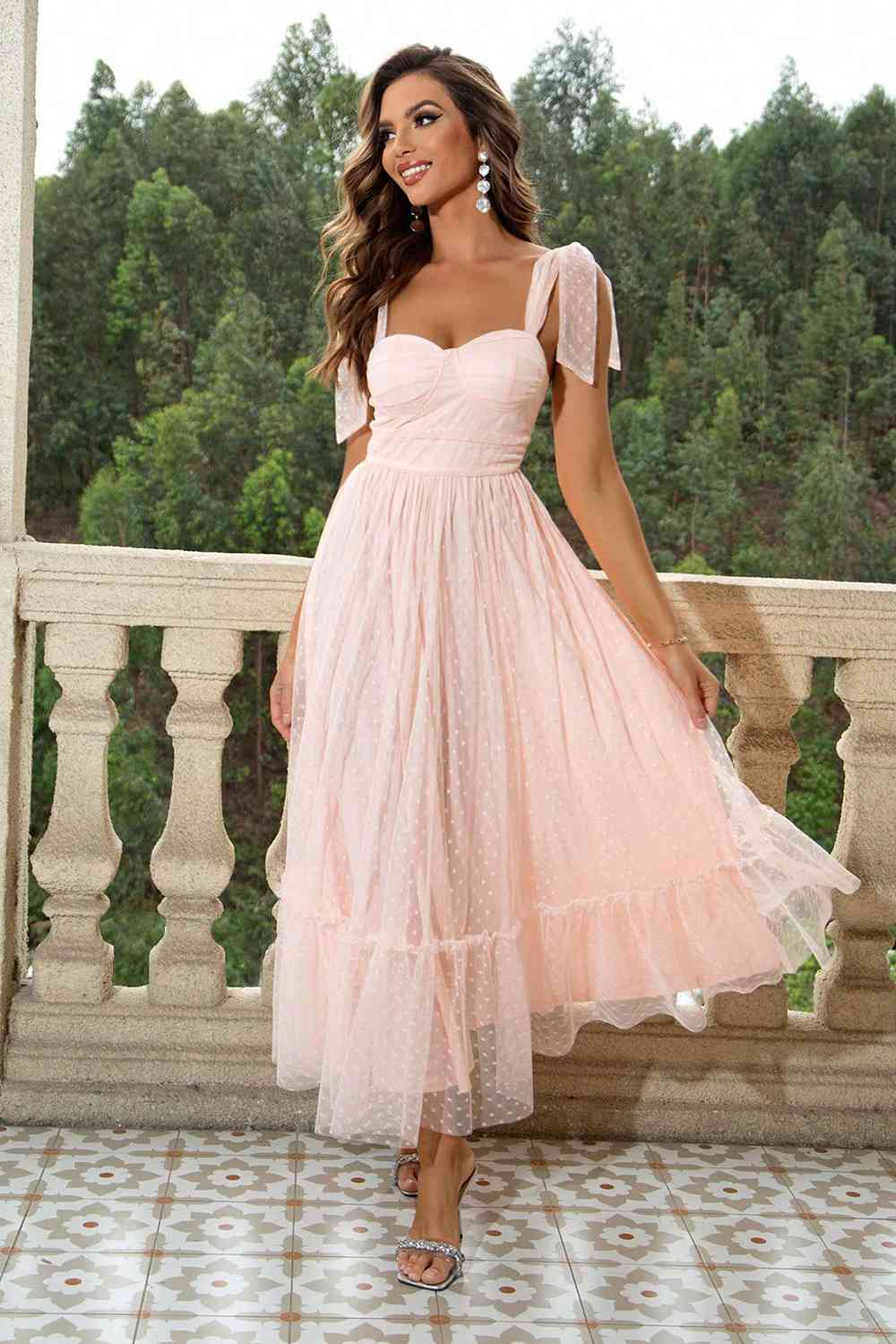 Tie-Shoulder Sweetheart Neck Dress | Formal Sleeveless A-Line Polyester Dress