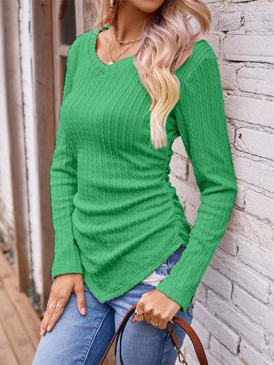 Textured Ruched V-Neck Long Sleeve T-Shirt | Casual Stretchy Polyester T-Shirt