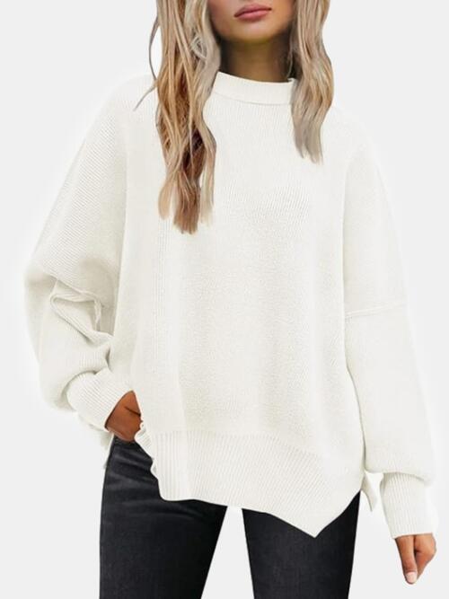 Round Neck Drop Shoulder Slit Sweater | Woman's Casual Stretchy Ribbed Sweater